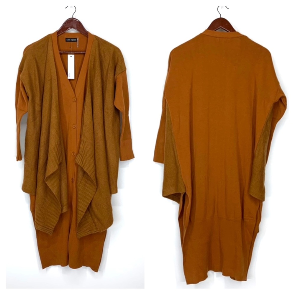 Love Token Julia Lagenlook Draped Panel Caramel Brown Duster Cardigan New Nwt
